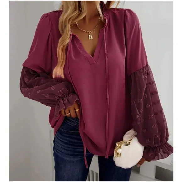 Boho Swiss Dot Sheer Sleeve Ruffle Blouse - Picture 7 of 14